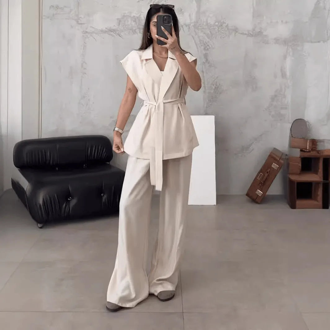 Women's Sleeveless Lapel Top High Waisted Pants 2-Piece Set