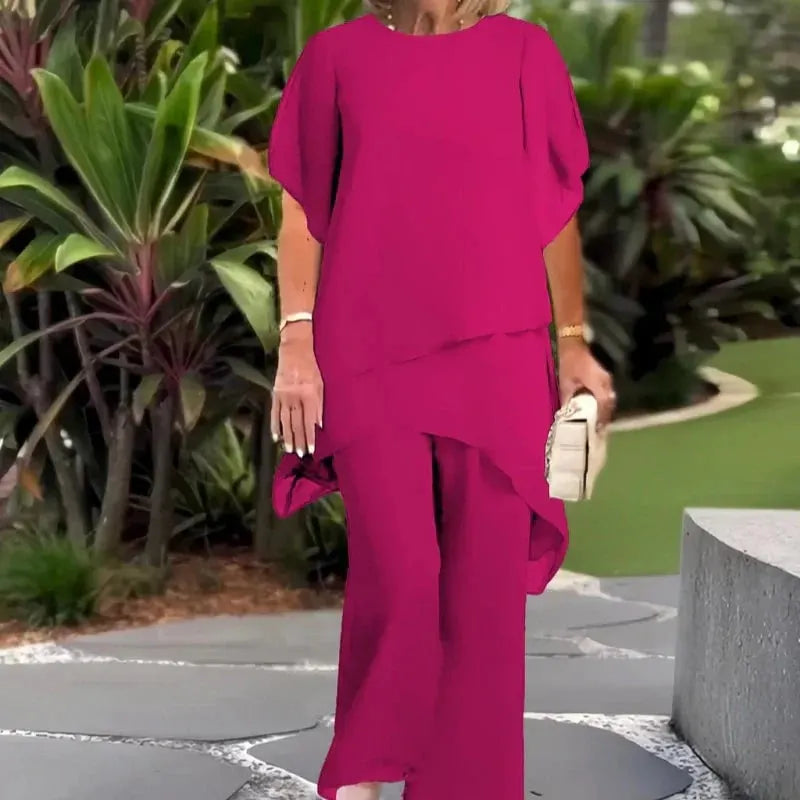 Charming Irregular Top & Wide Leg Pants Chiffon Set
