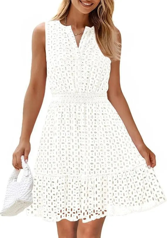 Sleeveless Dress with V-Neck, Hollow Out Eyelet and High Waist