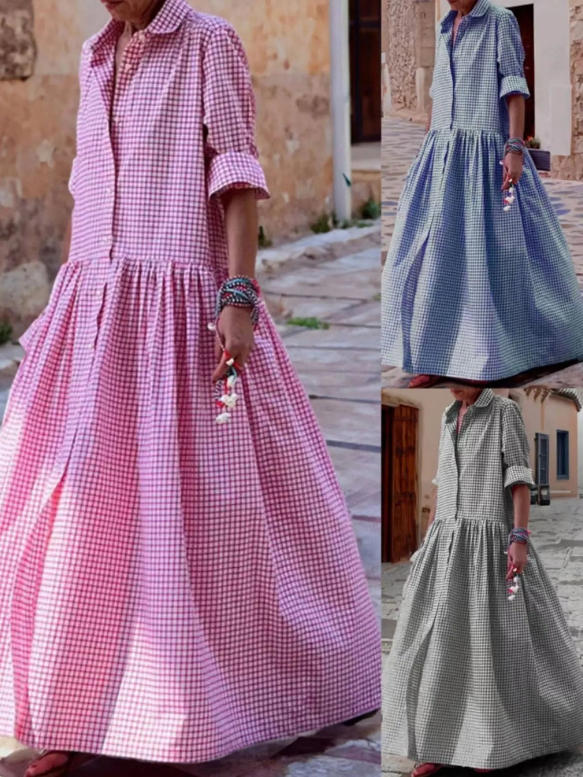 Comfy Oversize Plaid Lapel Collar Long Sleeve Dress