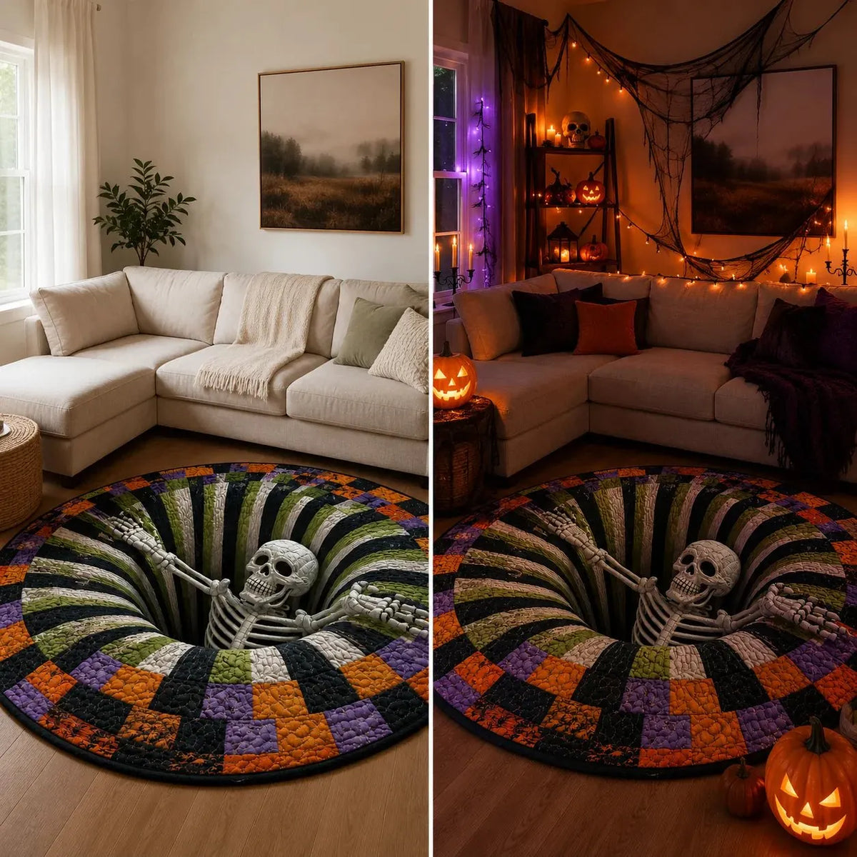 🎉 🎃3D Skeleton Vortex Quilted Round Halloween Rug