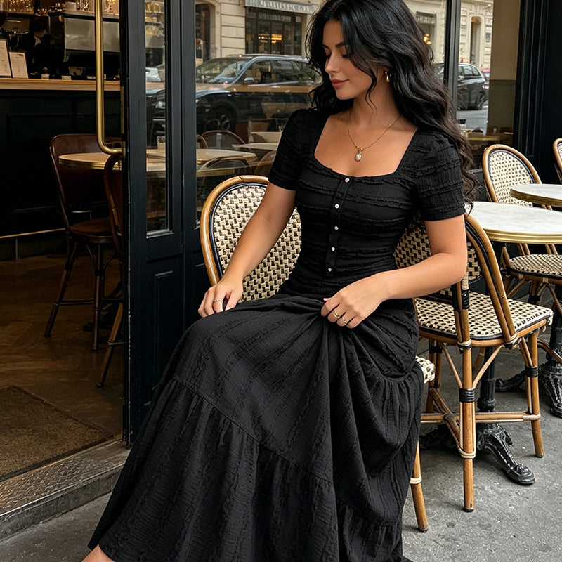 👗 LIMITED-TIME 49% OFF! ✨ Women's Square Neck Dress Set – Crinkled Fabric, Tiered Skirt, Elegant 🍷