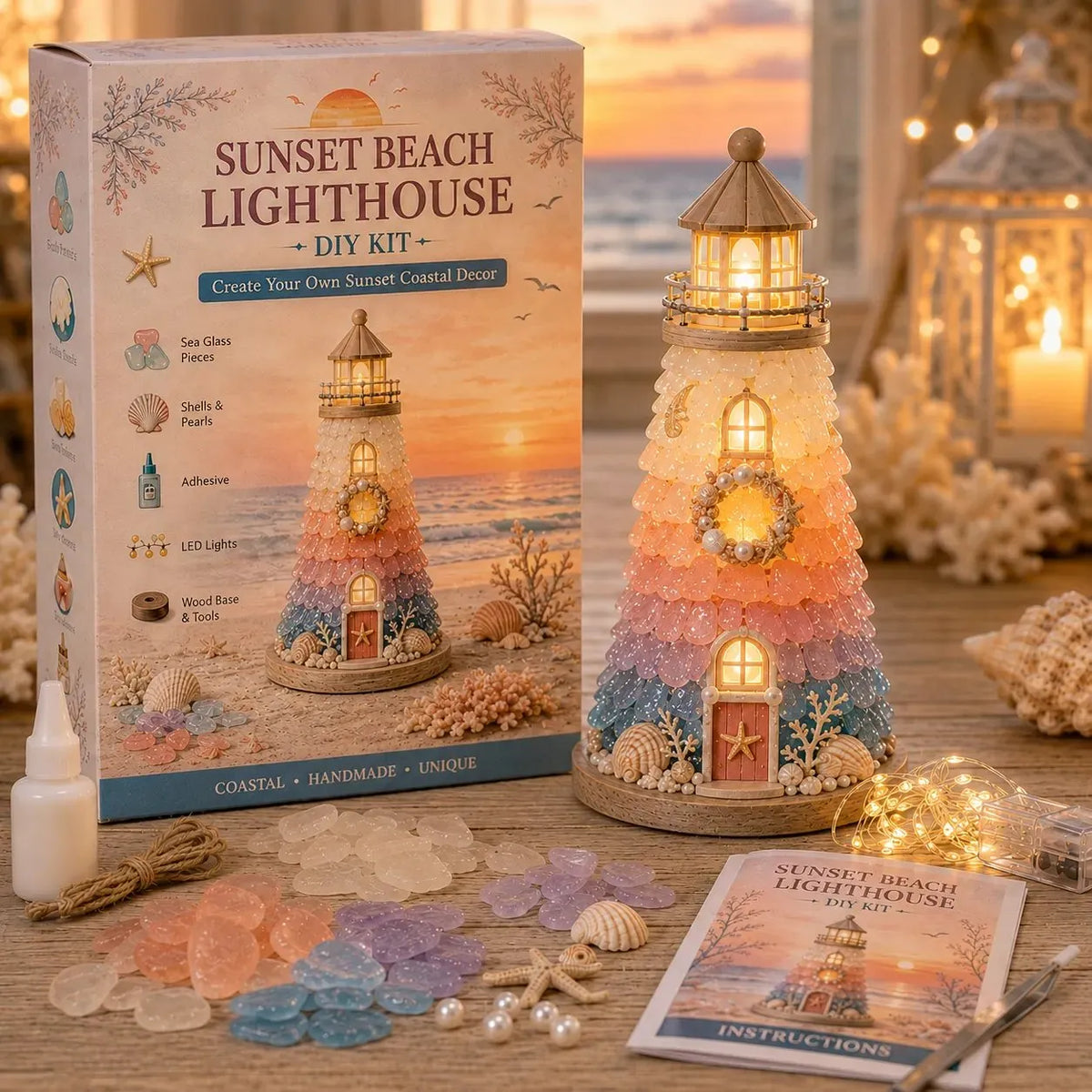 🔥 HOT SALE 🔥⏳ Last Day 49% OFF – 🌊 Beginner-Friendly DIY Lighted Sea Glass-Style Lighthouse Kit Collection | Complete Kit with Sea Glass-Style Pieces, LED Lights & Step-by-Step Guide Included 💕