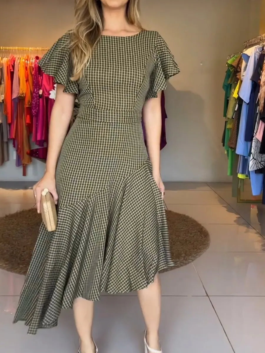 Women’s Round Neck Plaid Irregular Ruffle Dress
