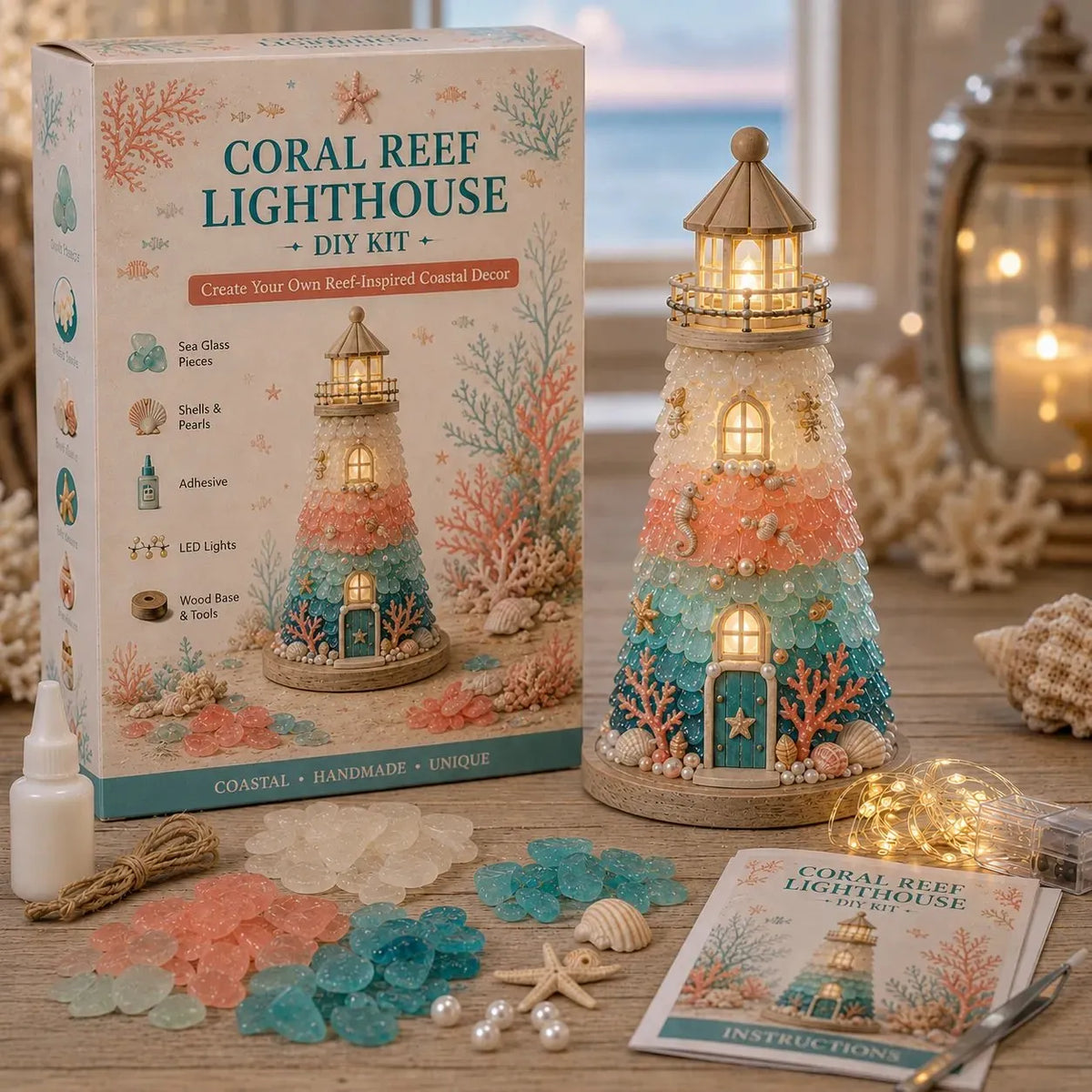 🔥 HOT SALE 🔥⏳ Last Day 49% OFF – 🌊 Beginner-Friendly DIY Lighted Sea Glass-Style Lighthouse Kit Collection | Complete Kit with Sea Glass-Style Pieces, LED Lights & Step-by-Step Guide Included 💕