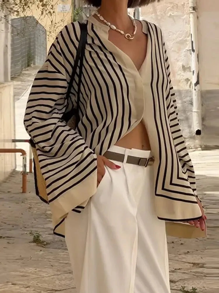 Elegant Pinstripe Shirt Single Breasted Round Neck Long Sleeve Top