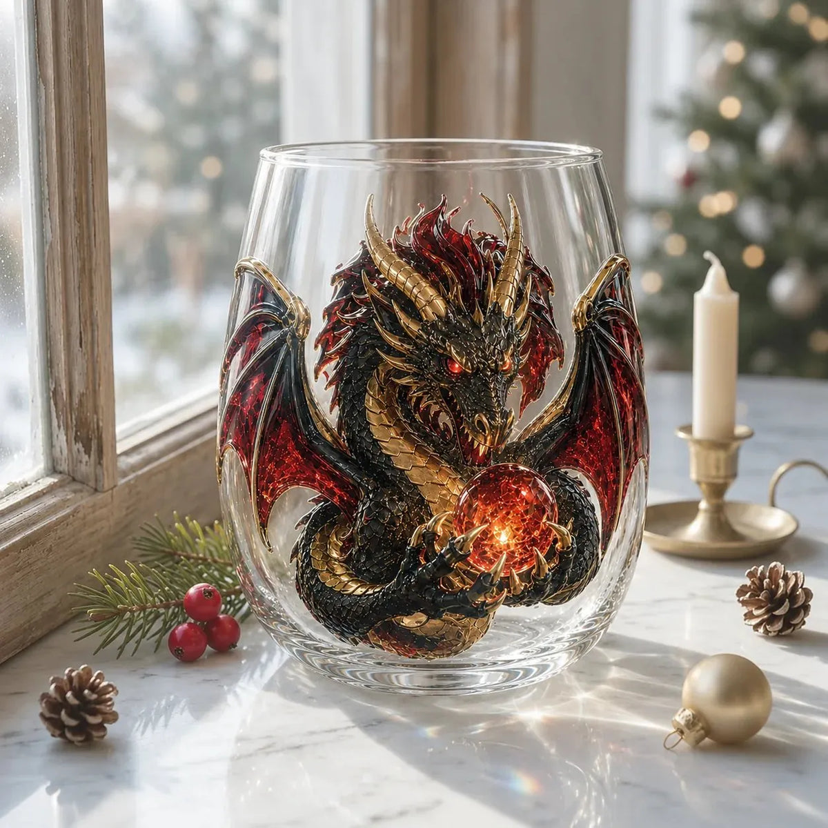 🐉✨ 3D Mythic Dragon Glass Art Cup | 12oz Premium Clear Glass with Raised Dragon Relief, Metallic-Style Details & Faceted Crystal-Style Orb 🎁