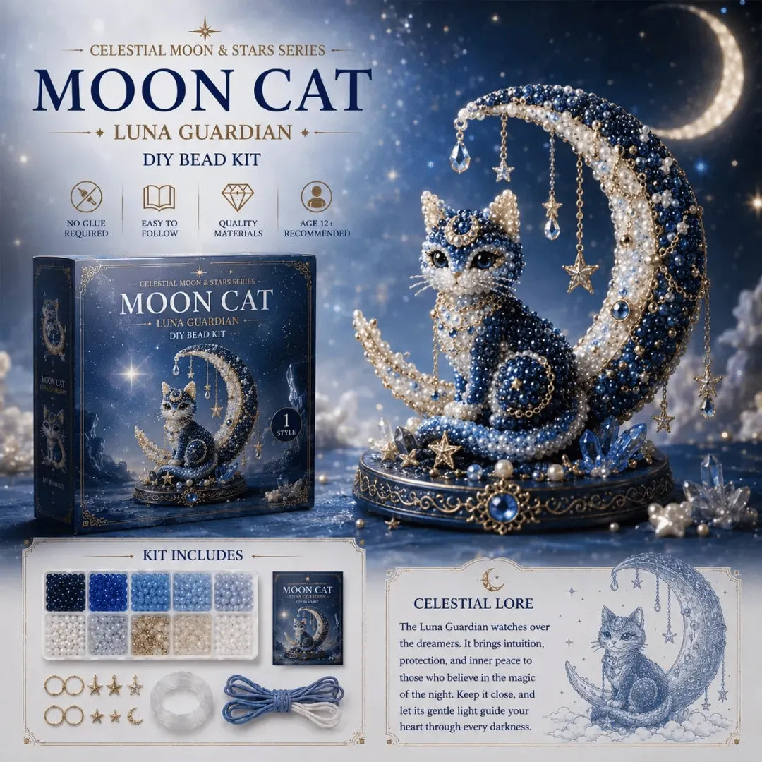 🎉🌙Moon Cat Luna Guardian DIY Bead Kit | Celestial Moon & Stars Series