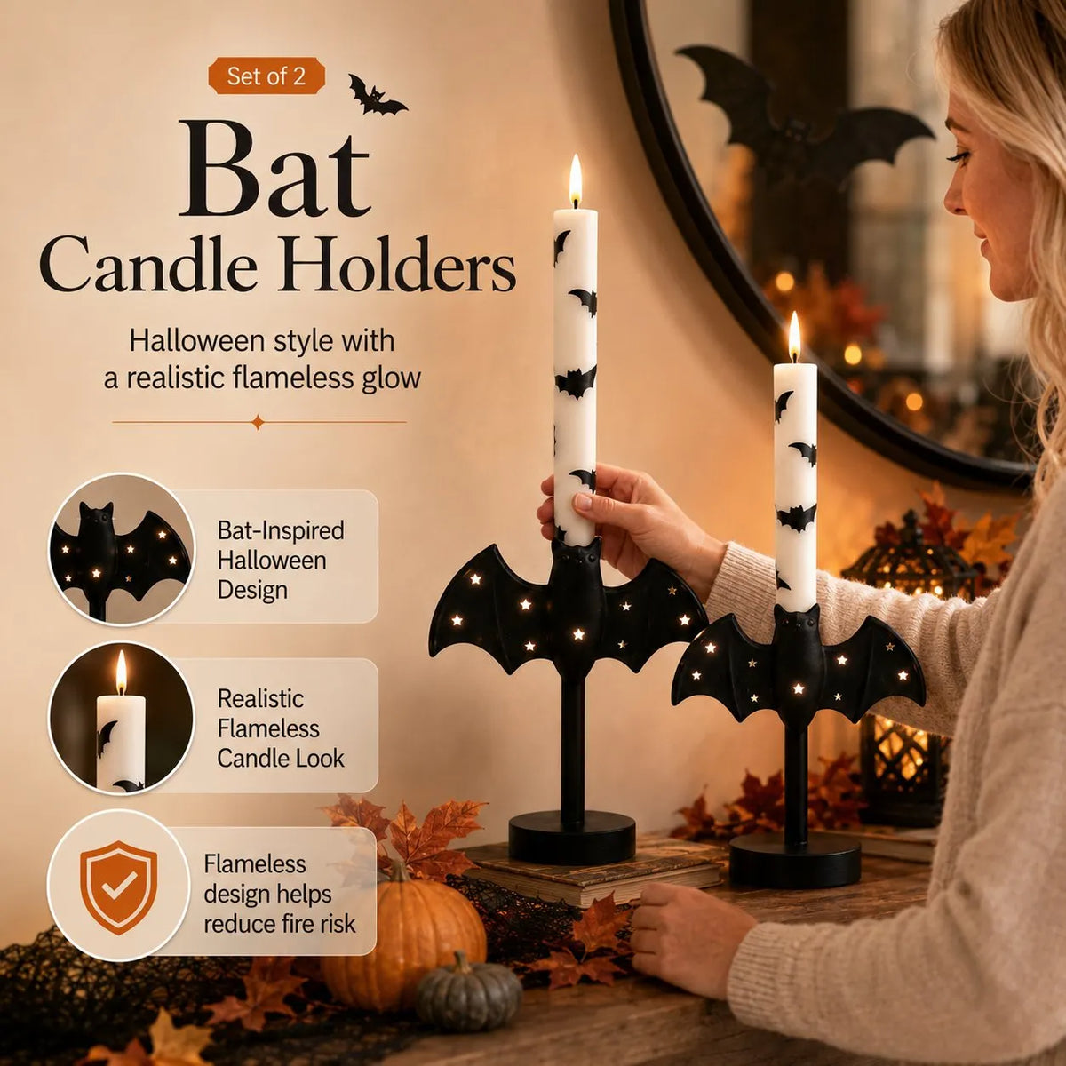 🎉🎃🦇 Flameless Bat Candle Holders for a Safer Halloween Glow(Candles not included)