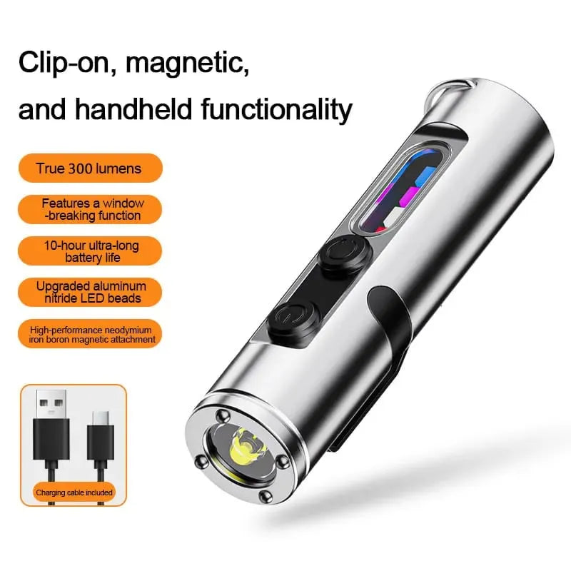 🎉 🔦Pocket Rechargeable EDC Flashlight:  Mini Keychain Light with Fire Starter & Window Breaker