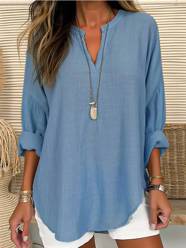 Women's V-Neck Long Sleeve Loose Fit Breathable Linen Top