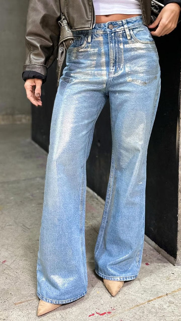 Women's Silver-embossed Casual Loose Flared Jeans