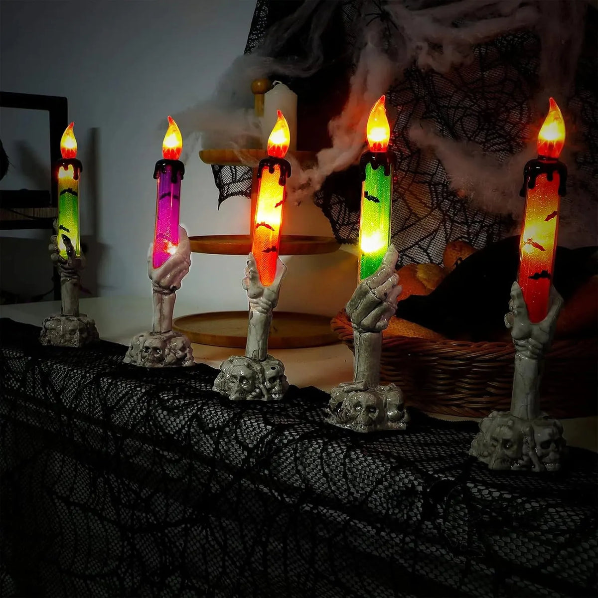 🕯️3 Pack Halloween LED Skeleton Hand Candle Holders, Flickering Flameless Skull Candles with Amber Light for Indoor Outdoor Halloween Decorations