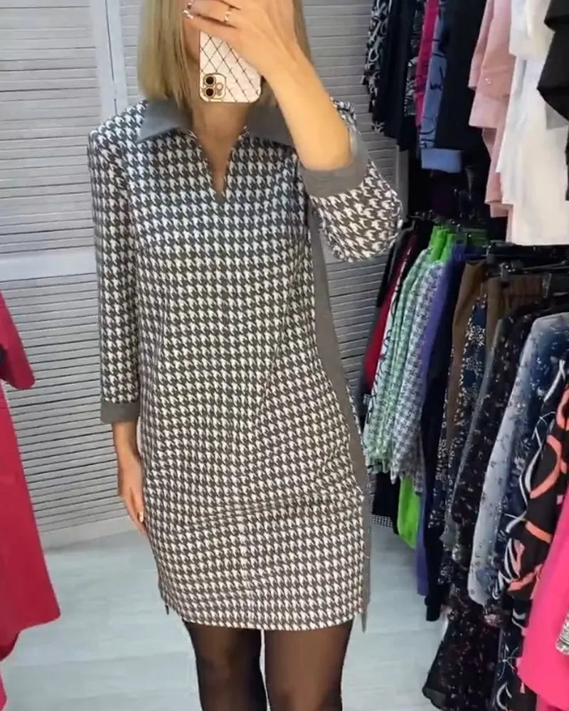 Lapel Pocket Checked Long Sleeve Dress