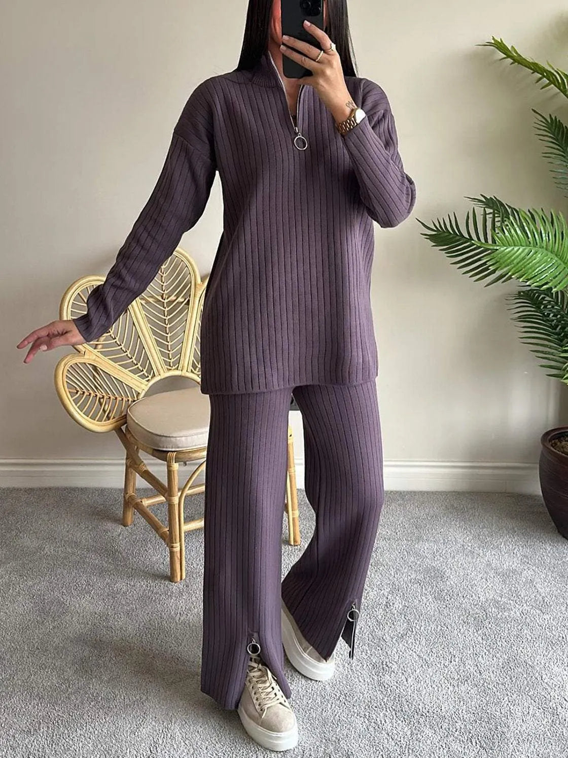 Zipper High-Neck Ribbed Two-Piece loungewear Set