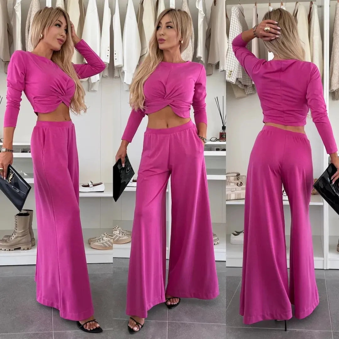 Effortless Chic🌟Solid Color Crop Top Set - Round Neck & Elastic Waist for Everyday Style