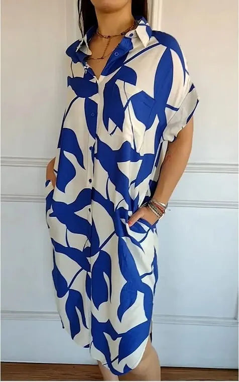 Fashion casual shirt dress with printed & short sleeves