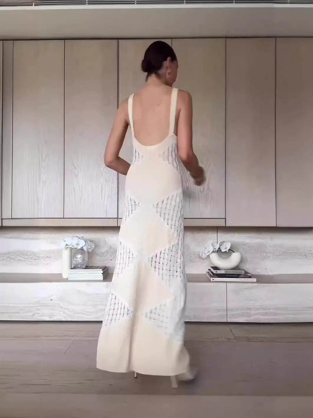 Knitted Sexy Backless Argyle Pattern Slim Fit Maxi Dress