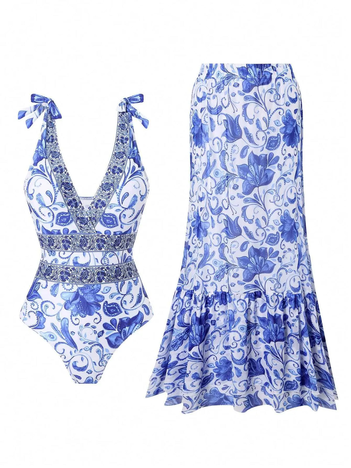 🩱V-neck One-Piece Swimsuit with Lace-up, Print, and Skirt💃