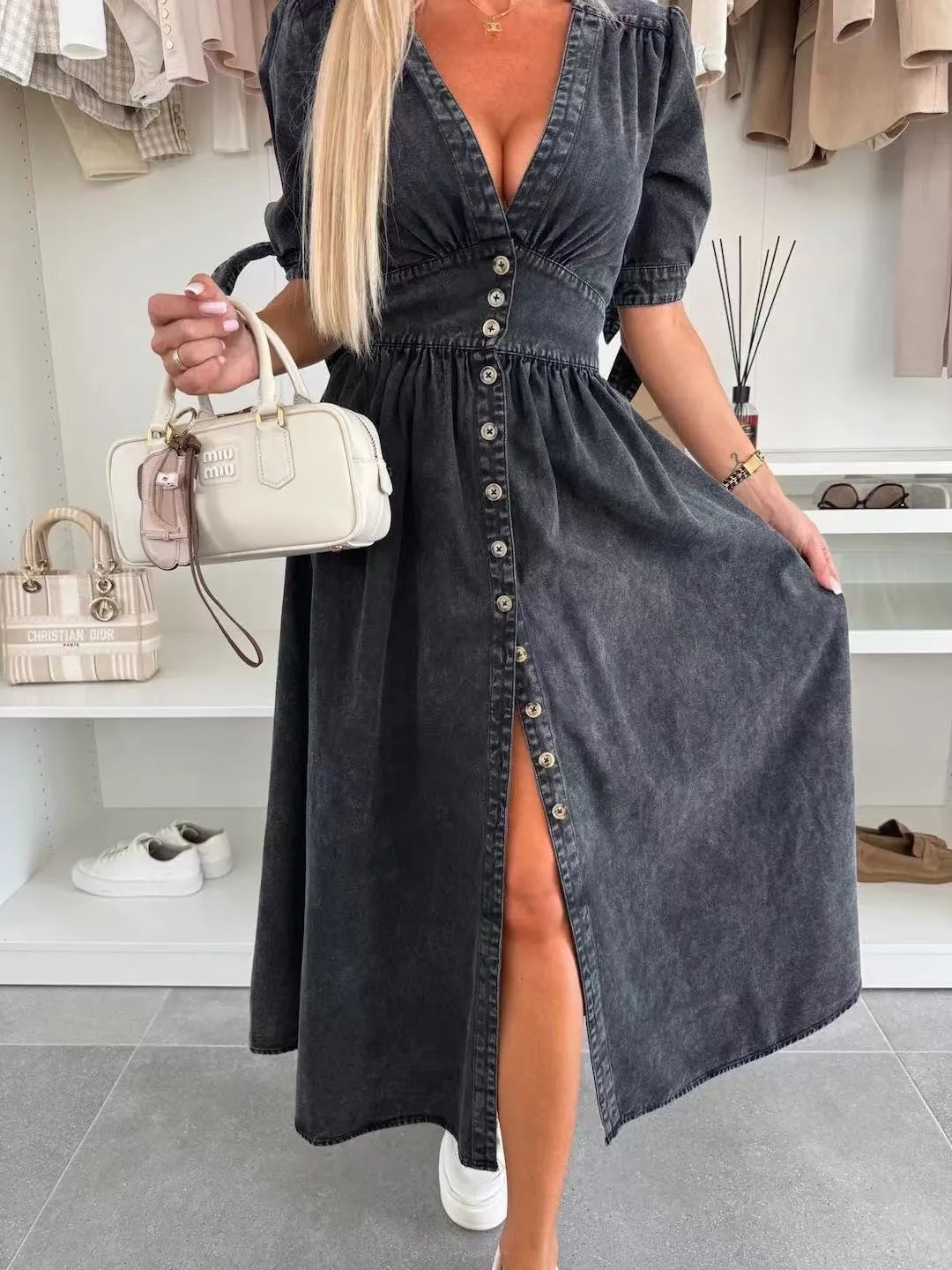 Women's V-Neck Button Down Denim Dress