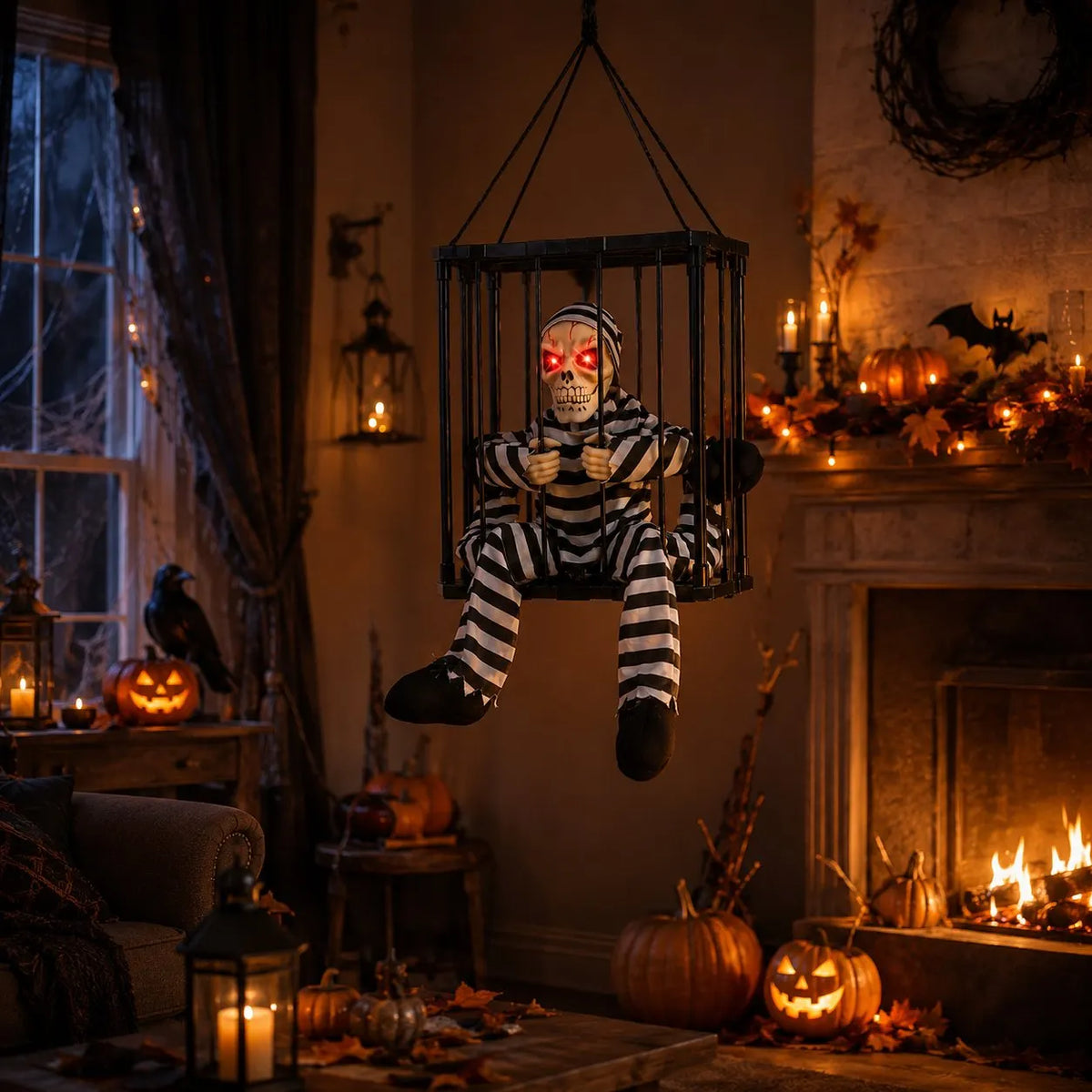 🎉 💀 Motion Activated Prisoner Skeleton Halloween Prop – Screaming Jump Scare Decoration With Flashing Red Eyes