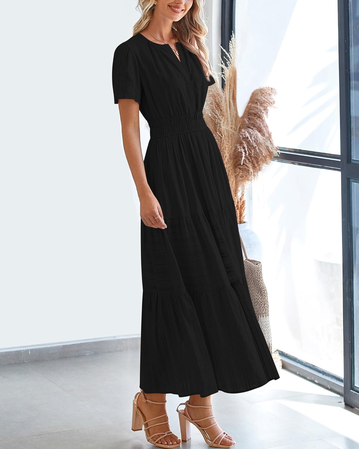 Womens Summer Lightweight Short Sleeve V Casual Midi Maxi Dresses(BUY 2 FREE SHIPPING)
