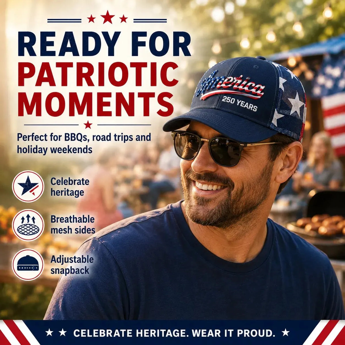 ❤️ 🇺🇸 America 250 Years Patriotic Embroidered Mesh Trucker Cap