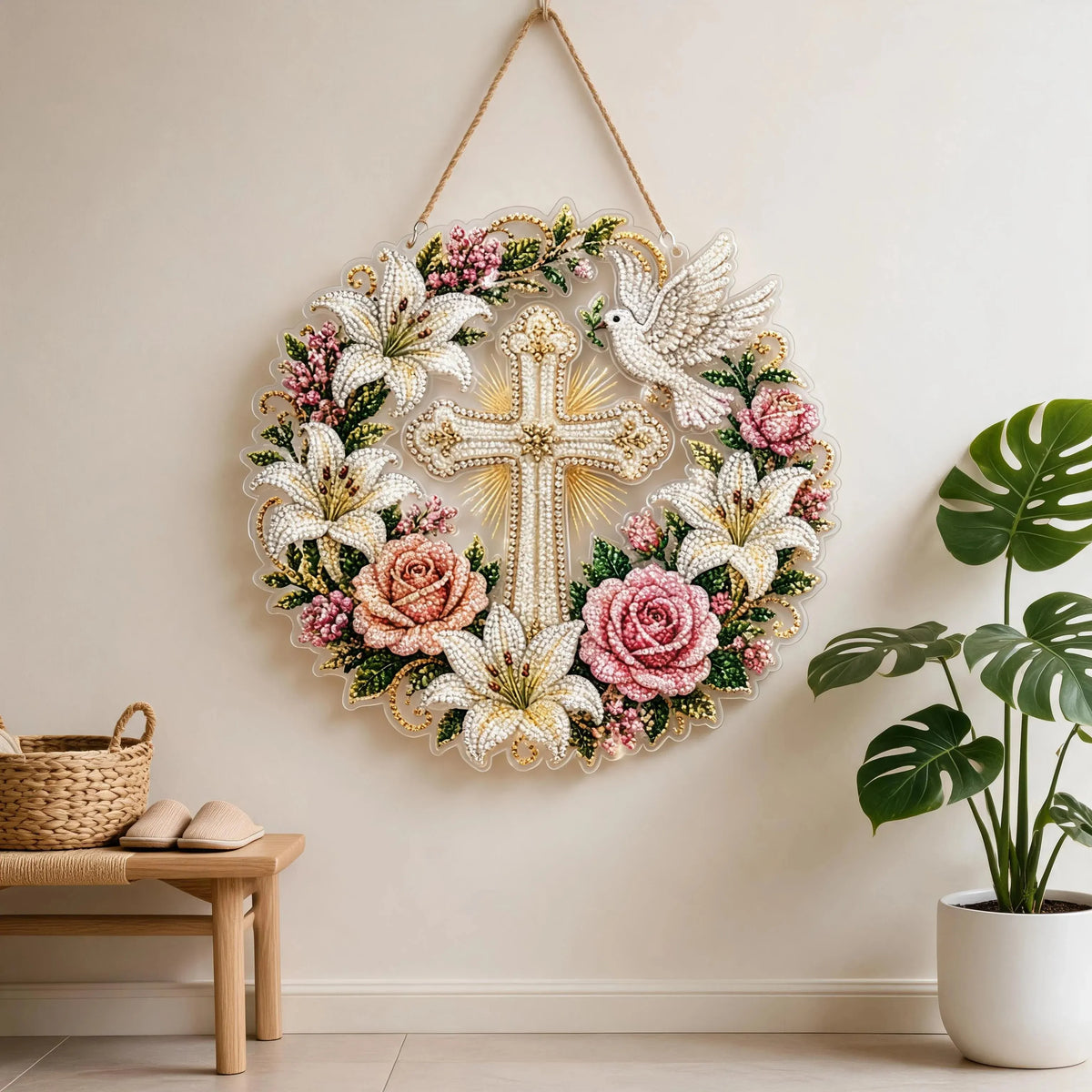 🔥HOT SALE🔥✝️💐Cross, Flowers & Peace Dove Diamond Art Hanging Ornament Kit