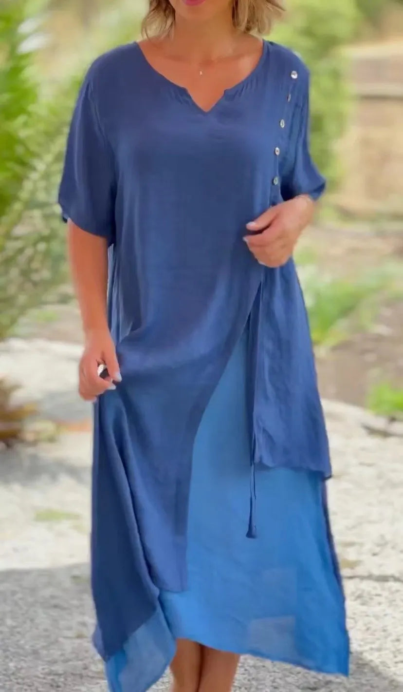 🔥👗  Fake Two-Piece Asymmetric Short Sleeve Dress