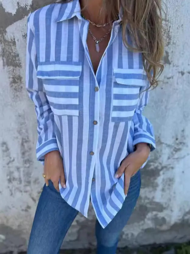 Casual Striped Button-up Shirt with Pockets (Buy 2 Free Shipping)