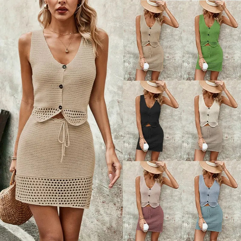 Chic V-Neck Knit Tank & Skirt Set – Elegant Solid Color Design
