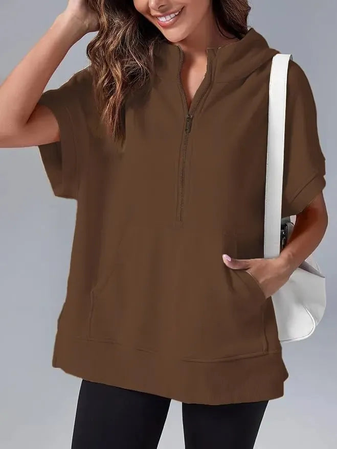 Oversized Casual Half Zip Short Sleeve Pullover Tops with Pockets (Buy 2 Free Shipping)
