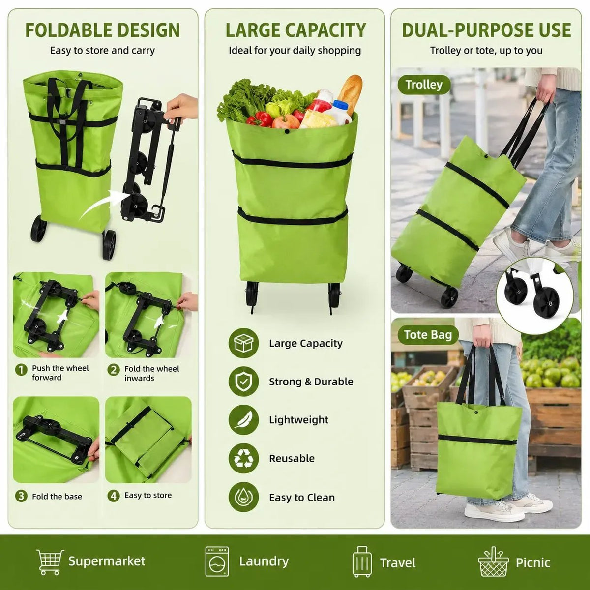 🛒Foldable Shopping Trolley Bag with Wheels, Portable Reusable Grocery Tote