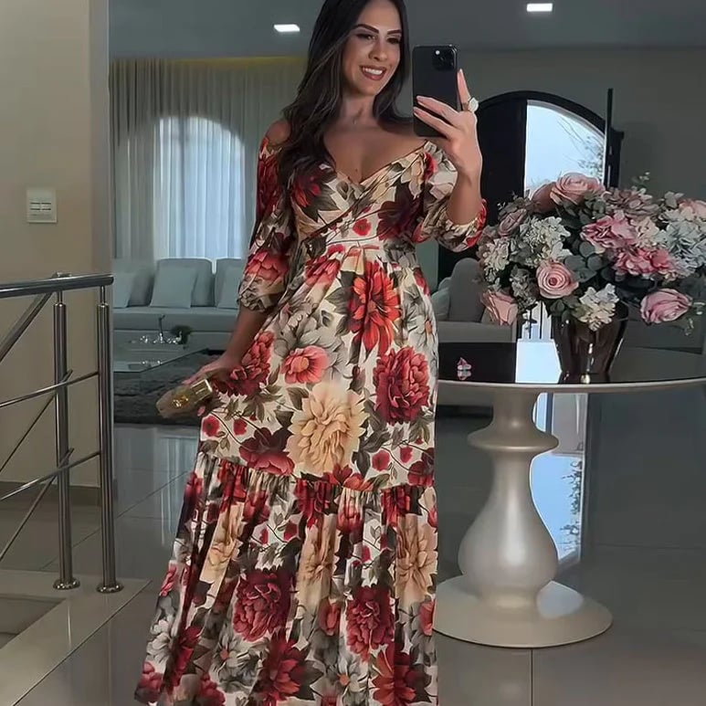 Women's V-Neck Floral Printed Pleated Dress 🌹