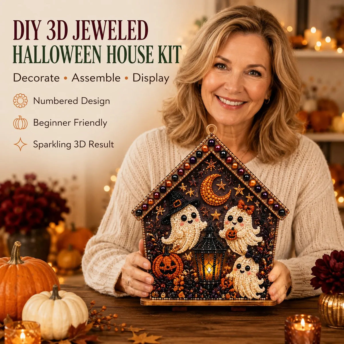 🎃 Beginner-Friendly Moonlit Wooden Cottage 3D Pearl Art Kit Collection | Complete Kit with All Tools & Step-by-Step Guide Included 💕