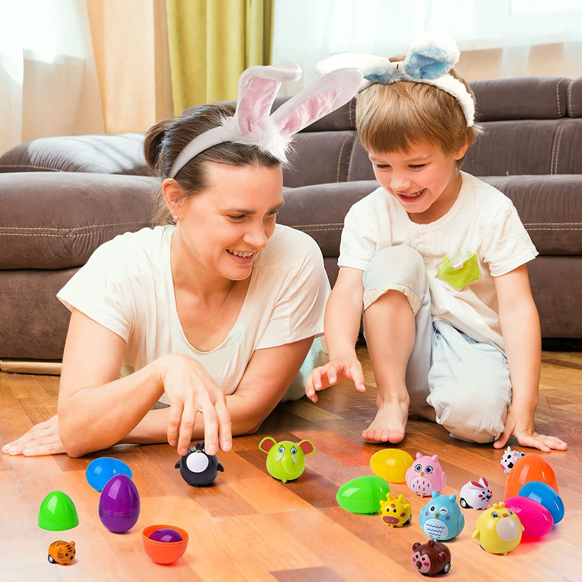BUY 2 FREE SHIPPING -Easter Eggs Filled With Pull-Back Construction Vehicles, Cute Animals, Dinosaurs, Jewelry pieces and Bunnies