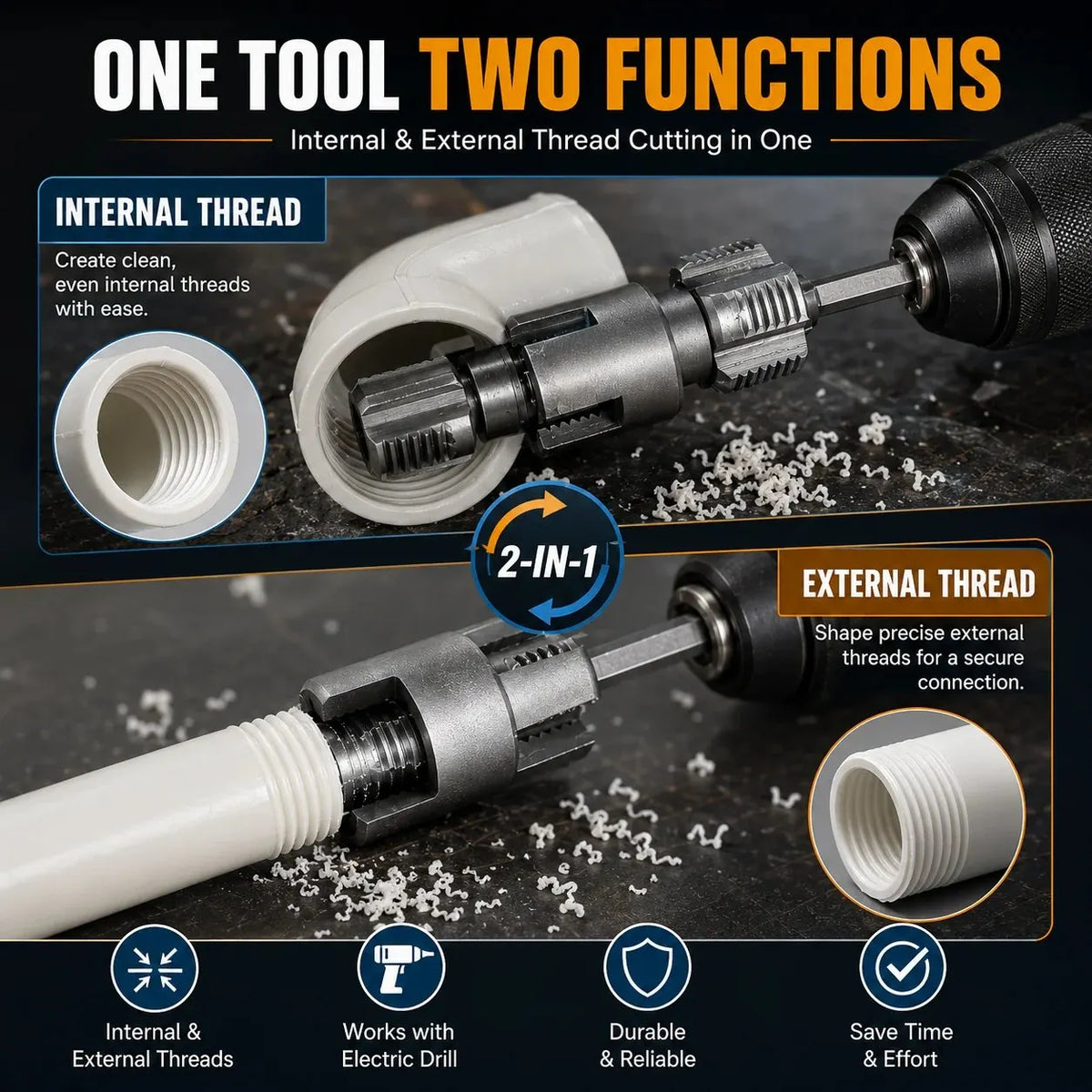 🎉Drill-Powered Pipe Thread Cutting Bit — Internal & External Threading for 1/2" & 3/4" Plastic Pipes