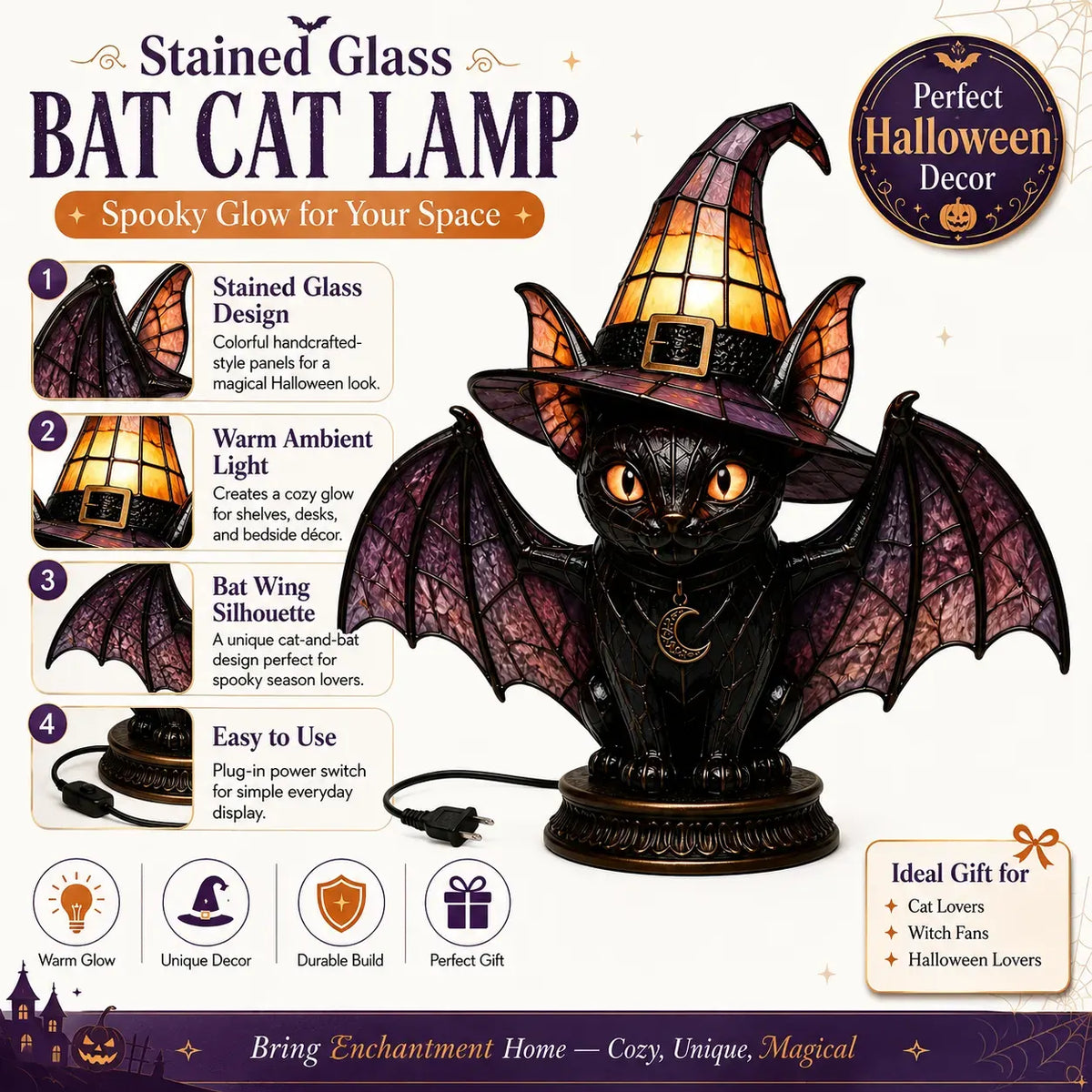🔥Exclusive Limited Item 👍🔥50%OFF🐈 Gothic Stained Glass Witch Black Cat Table Lamp | Halloween Witch Hat Night Light Decor