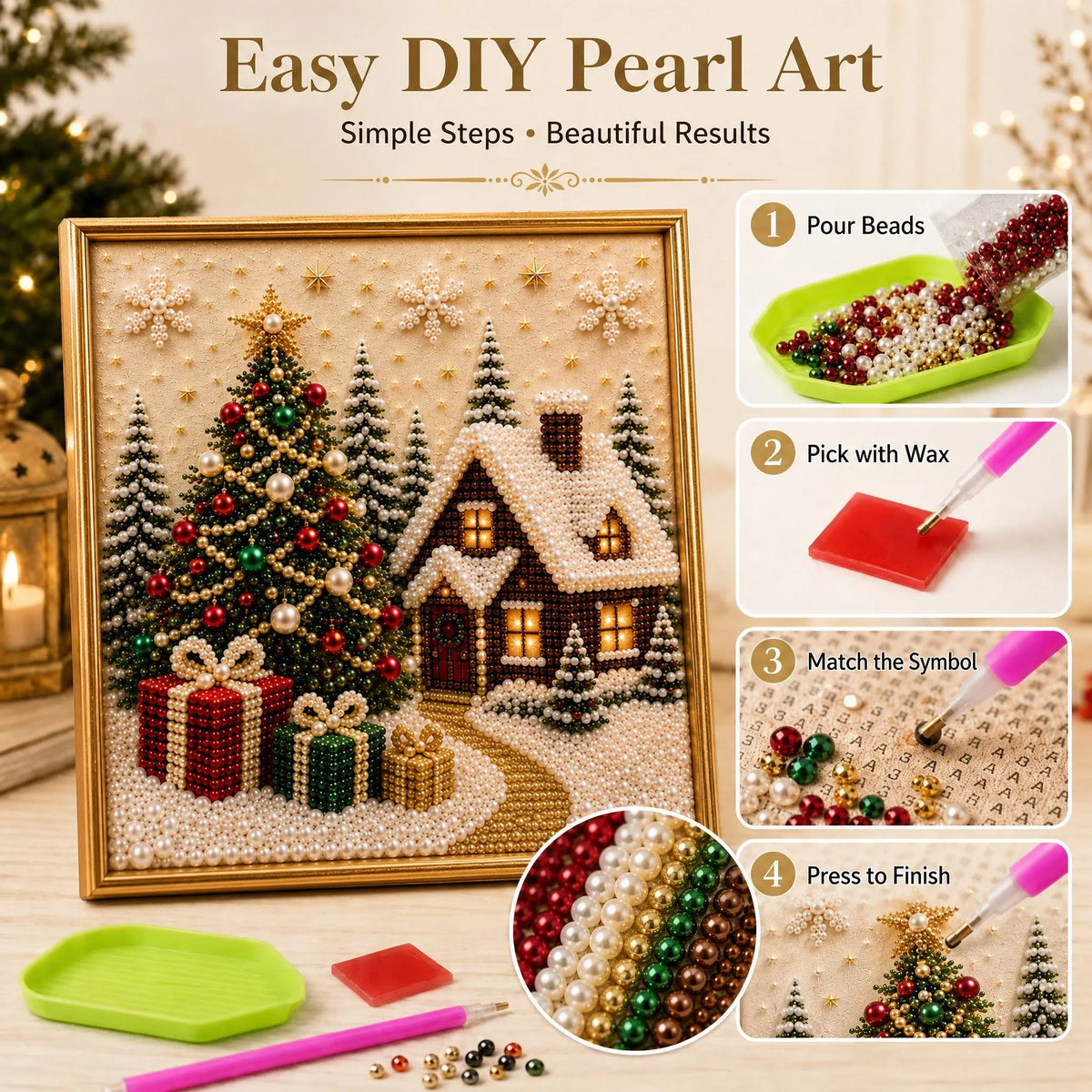 🔥HOT SALE🔥🎄🎅 Premium 3D Pearl Christmas Wall Art Kit | Luxury Flocked Canvas with Scratch-Resistant Non-Fading Pearl Beads DIY Holiday Decor ⛄️❄️