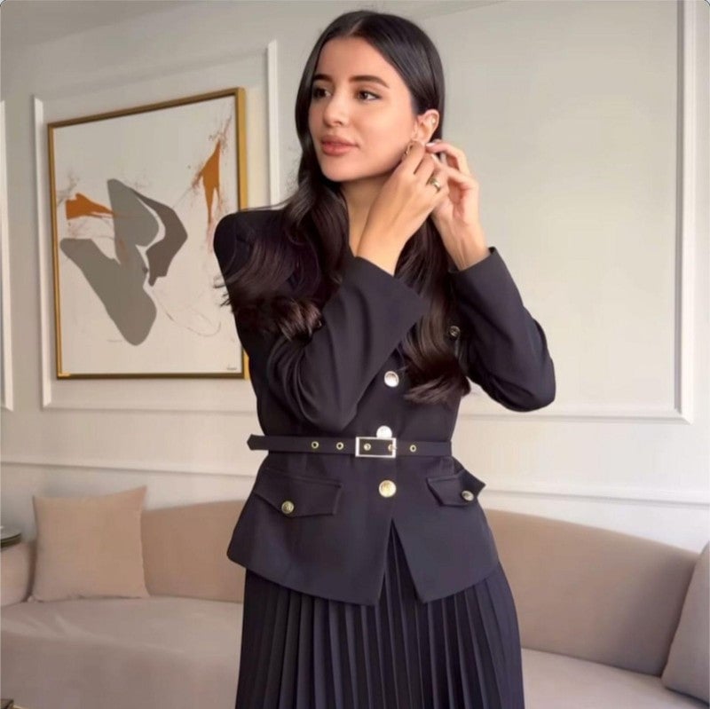 🔥Hot sale🔥Women's Blazer with Lapels and Maxi Pleated Skirt, 2-Piece Set with Matching Belt(🚛Free shipping)