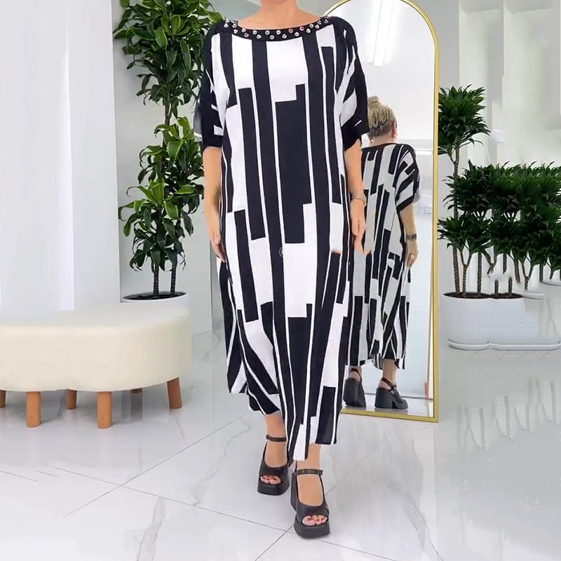 Fashion printed striped beaded round neck large size loose skirt