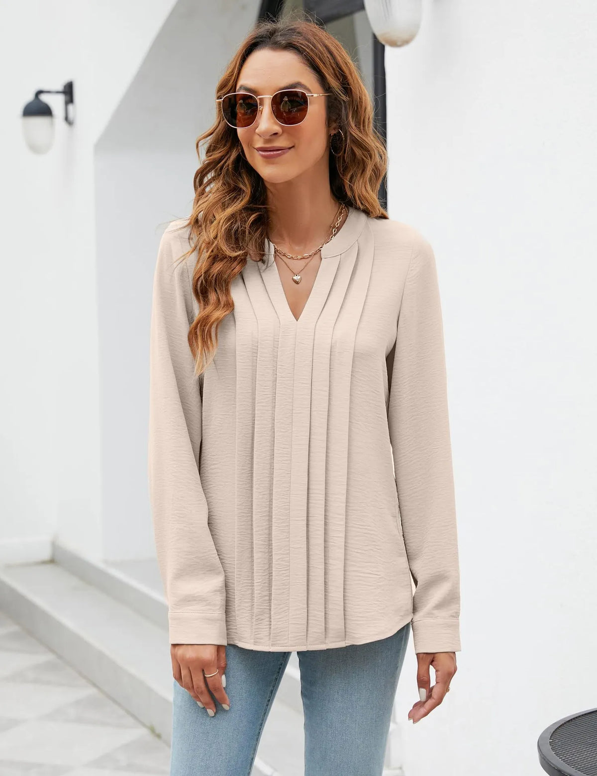 Women's V-Neck Pleated Long Sleeve Top
