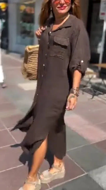 Solid Color Button Down Slit Loose Casual Shirt Dress