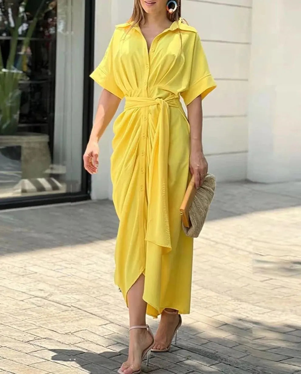 Printed Waist Cinching Shirt Dress