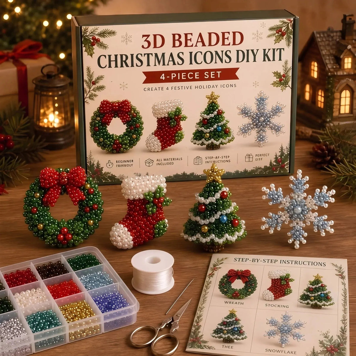 🎉🎄 Beginner-Friendly DIY 3D Christmas Beaded Ornament Kit | Complete 4-Piece Set with Glass Beads, All Tools & Step-by-Step Guide Included 💕