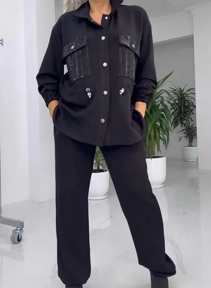 Women's solid color pocket hot diamond waist set