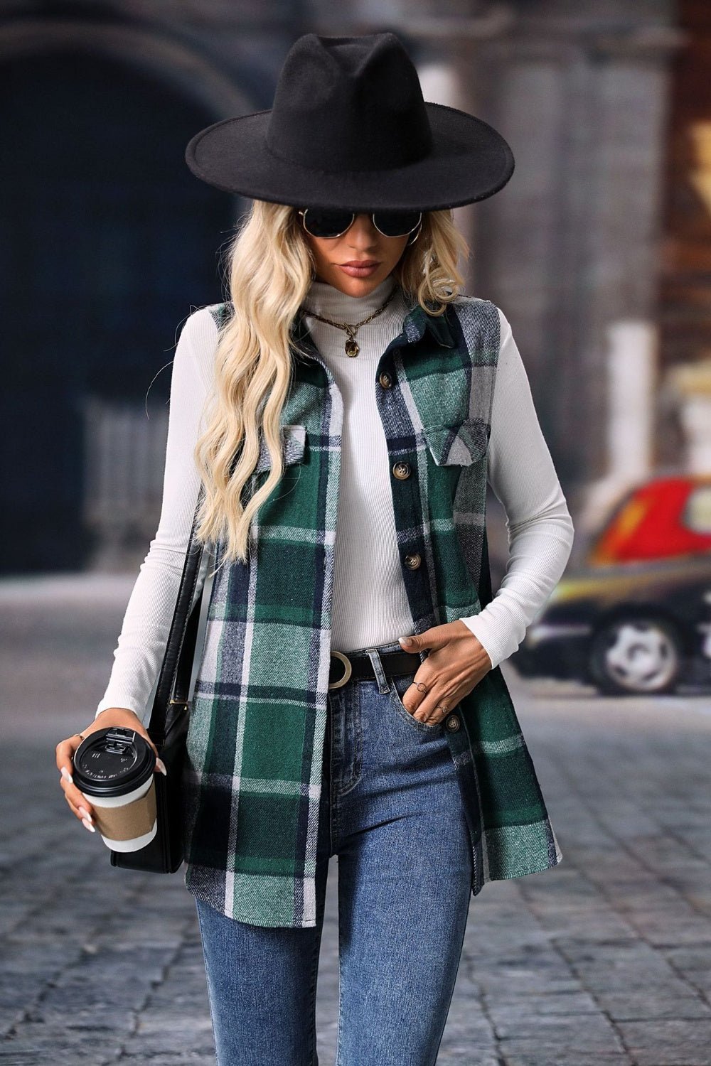 Women's Plaid Print Button Front Vest Coat
