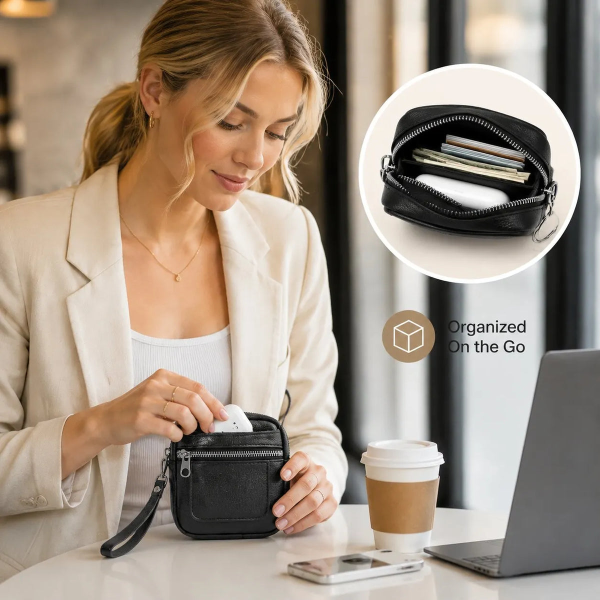 🌟 Genuine Leather Mini Square Card Wallet - Compact Zipper Coin Purse & Keychain Pouch for Men & Women