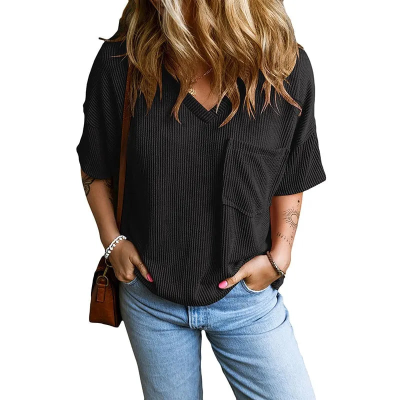 Womens Short Sleeve Ribbed Tops Causal V Neck Oversized T Shirts Summer Loose Fit Tee Tops