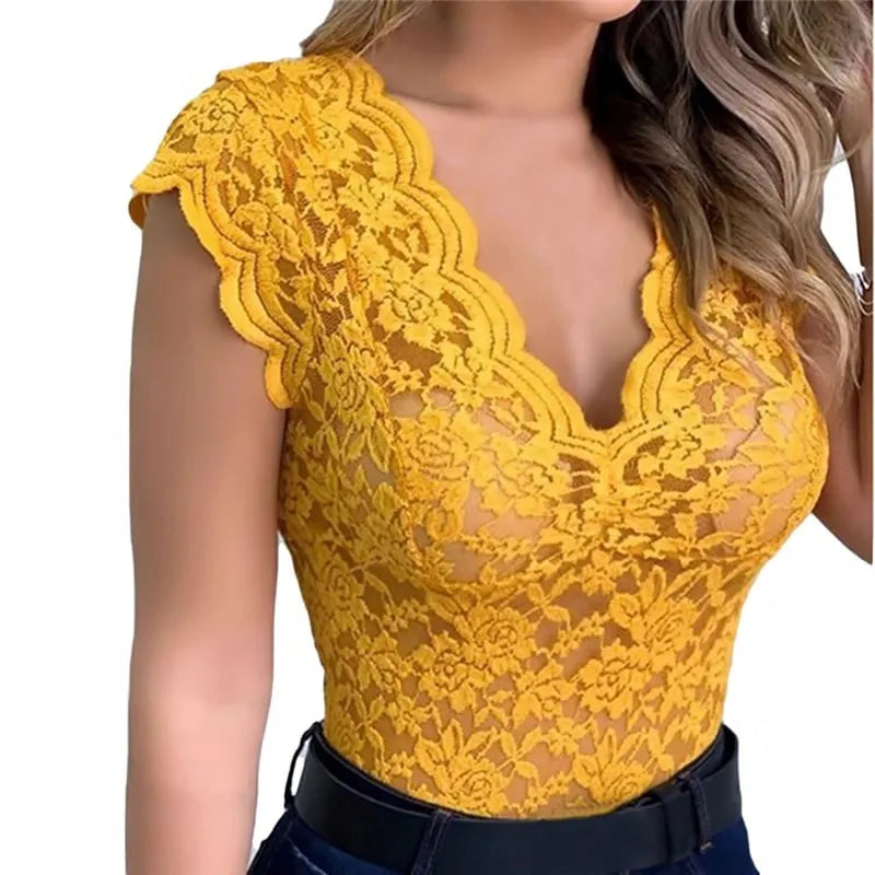 Women Slim Tunic Lace V Neck T-shirt